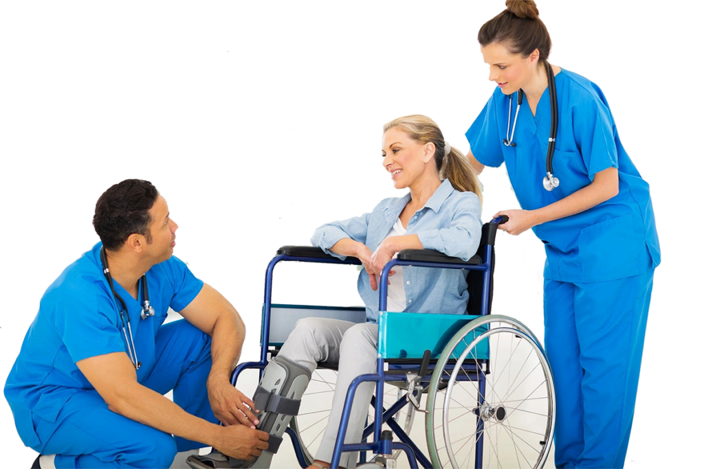 Healthcare professionals assisting woman in wheelchair.