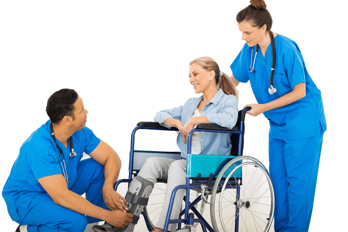 Healthcare professionals assisting woman in wheelchair.