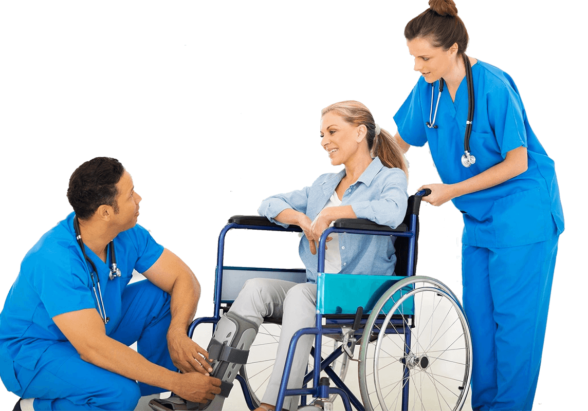 Healthcare professionals assisting woman in wheelchair.